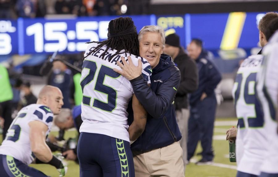 Seattle coach Pete Carroll in happier times. His call at the end of Super Bowl XLIX has been blamed for the teams loss.