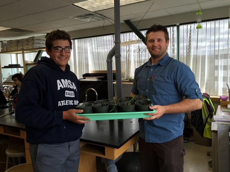 Teacher Christopher Brandes and sophomore Joey Ciolino have researched alternative bio-fuels for four months.