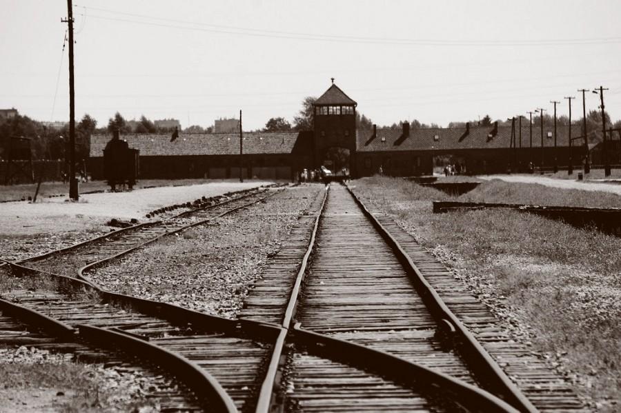 The train tracks leading to the entrance of the infamous Auschwitz concentration camp.