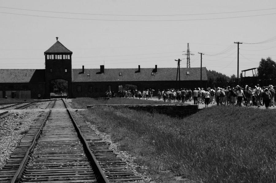 The train tracks leading to the entrance of the infamous Auschwitz concentration camp.