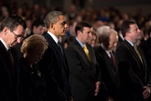 President Barack Obama attended a Sandy Hook interfaith vigil at Newtown High School in Newtown, Conn., after an elementary school shooting shocked the nation.