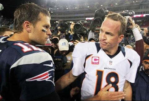 Long-time rivals Tom Brady, left, and Peyton Manning will meet in the playoffs yet again Sunday.