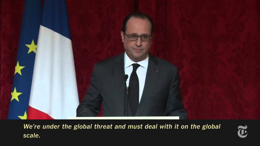 President Francois Hollande of France speaking to a group of world leaders about threats facing the West.