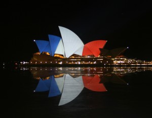 Australia's Sydney Opera House lit up in the colors of the French flag in a show of solidarity.
