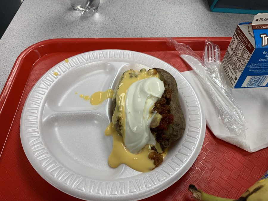 A baked potato counts as lunch -- with broccoli substituted for ground beef in the vegetarian option.