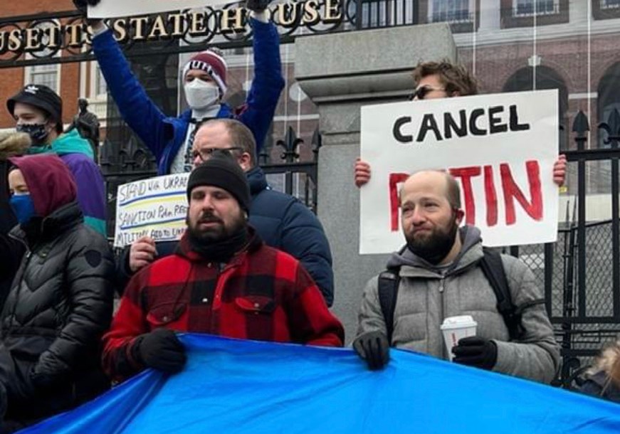 Luba Shmidts son, Mark Kagan (left), attended a rally in support of Ukraine in Boston last month.